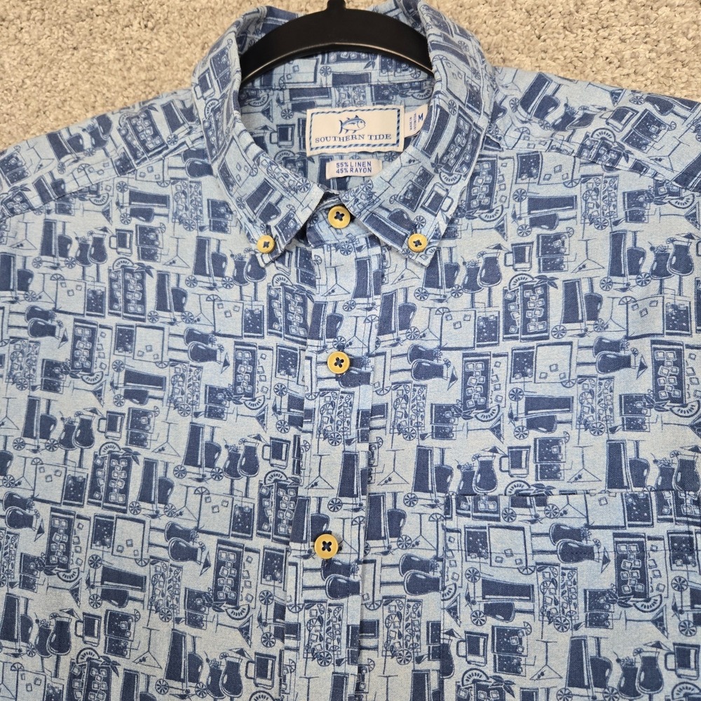 Southern Tide linen‎ rayon blend shirt mens Medium martini alcohol drinks print